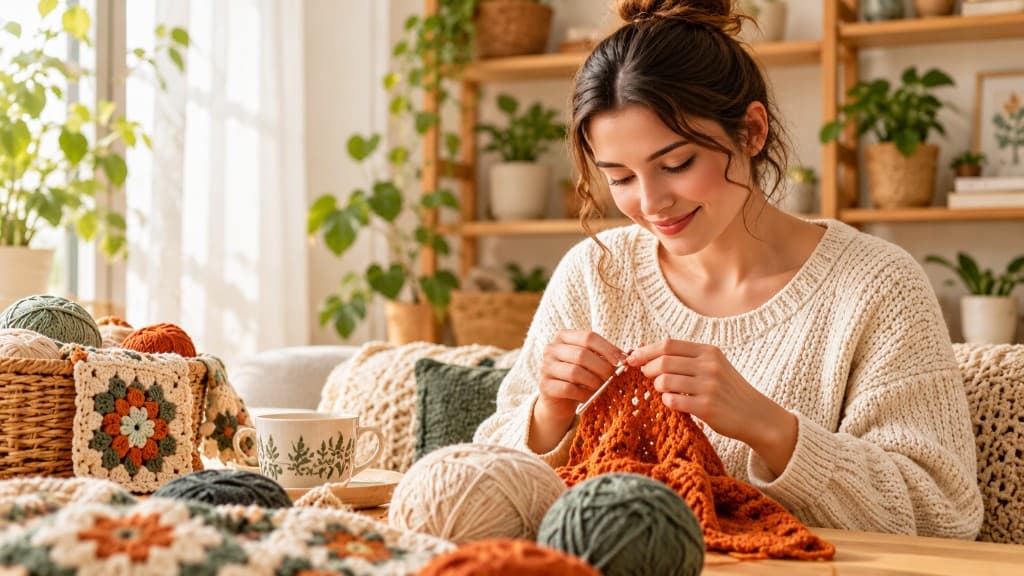 Woman enjoying crochet in a cozy room